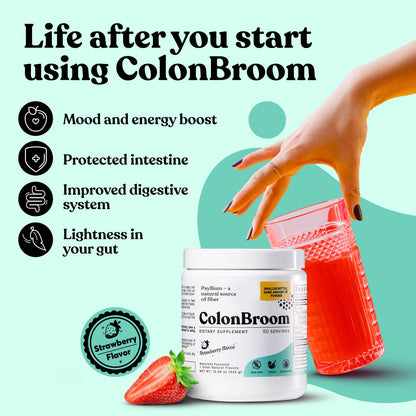ColonBroom Psyllium Husk Powder (Strawberry) – Fiber Powder for Digestive Wellness | 100 Servings