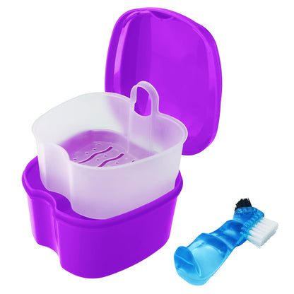 Colorful Denture Bath Case with Brush - Waterproof Mouth Guard Storage (Purple)