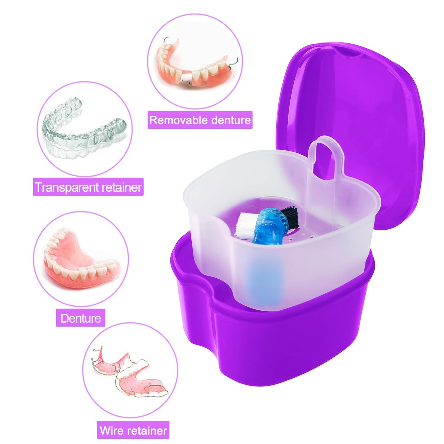 Colorful Denture Bath Case with Brush - Waterproof Mouth Guard Storage (Purple)
