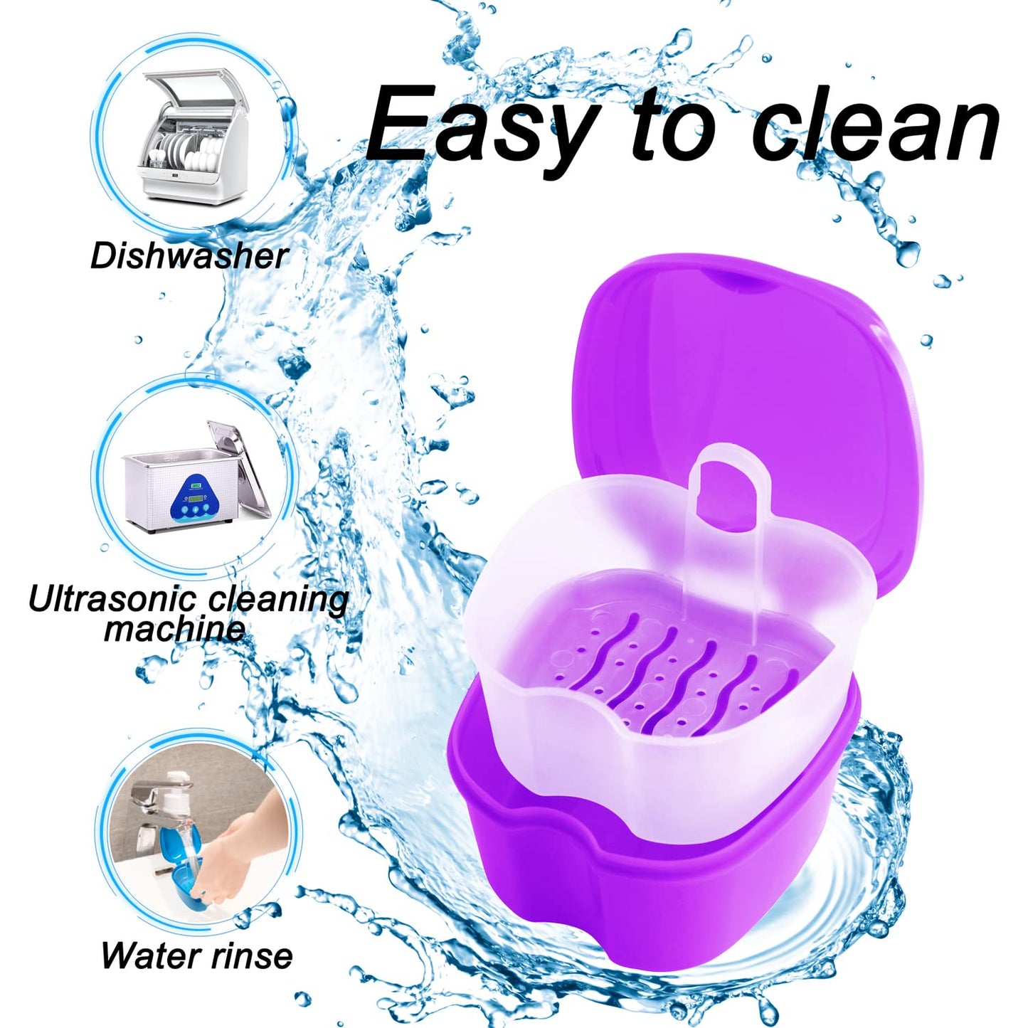 Colorful Denture Bath Case with Brush - Waterproof Mouth Guard Storage (Purple)