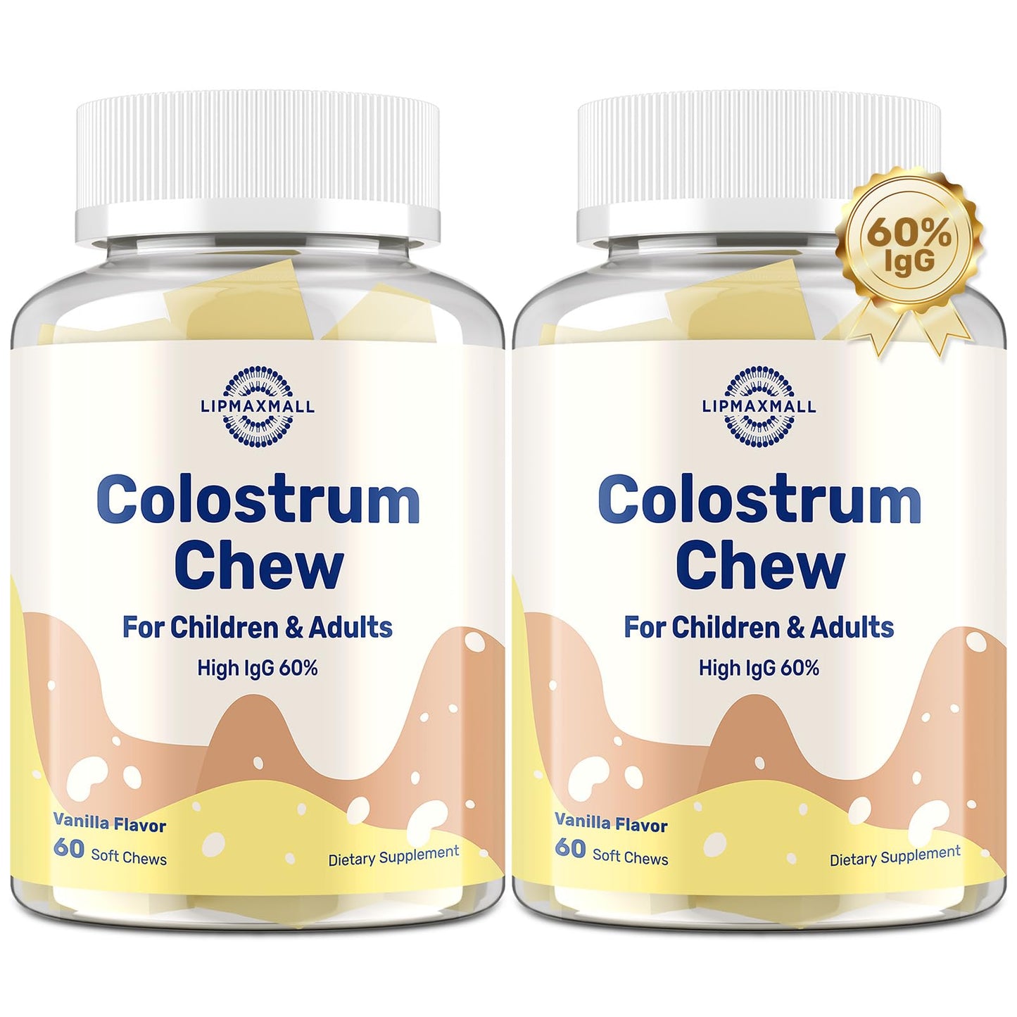 Bovine Colostrum Chews with 60% IgG – Vanilla Flavor, Grass-Fed Cows – Immune & Gut Support – 60 Soft Chews (2 Bottles)