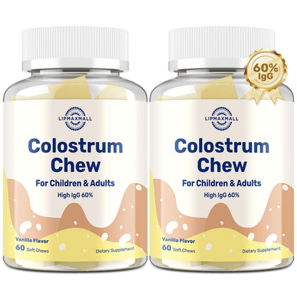 Bovine Colostrum Chews with 60% IgG – Vanilla Flavor, Grass-Fed Cows – Immune & Gut Support – 60 Soft Chews (2 Bottles)