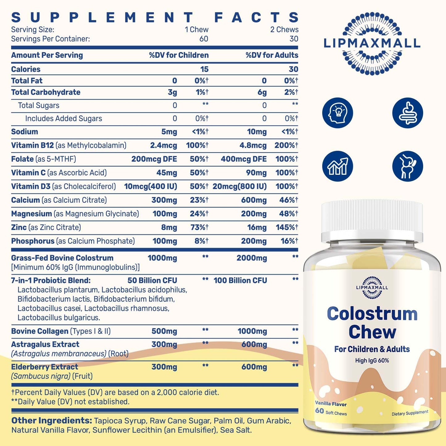 Bovine Colostrum Chews with 60% IgG – Vanilla Flavor, Grass-Fed Cows – Immune & Gut Support – 60 Soft Chews (2 Bottles)