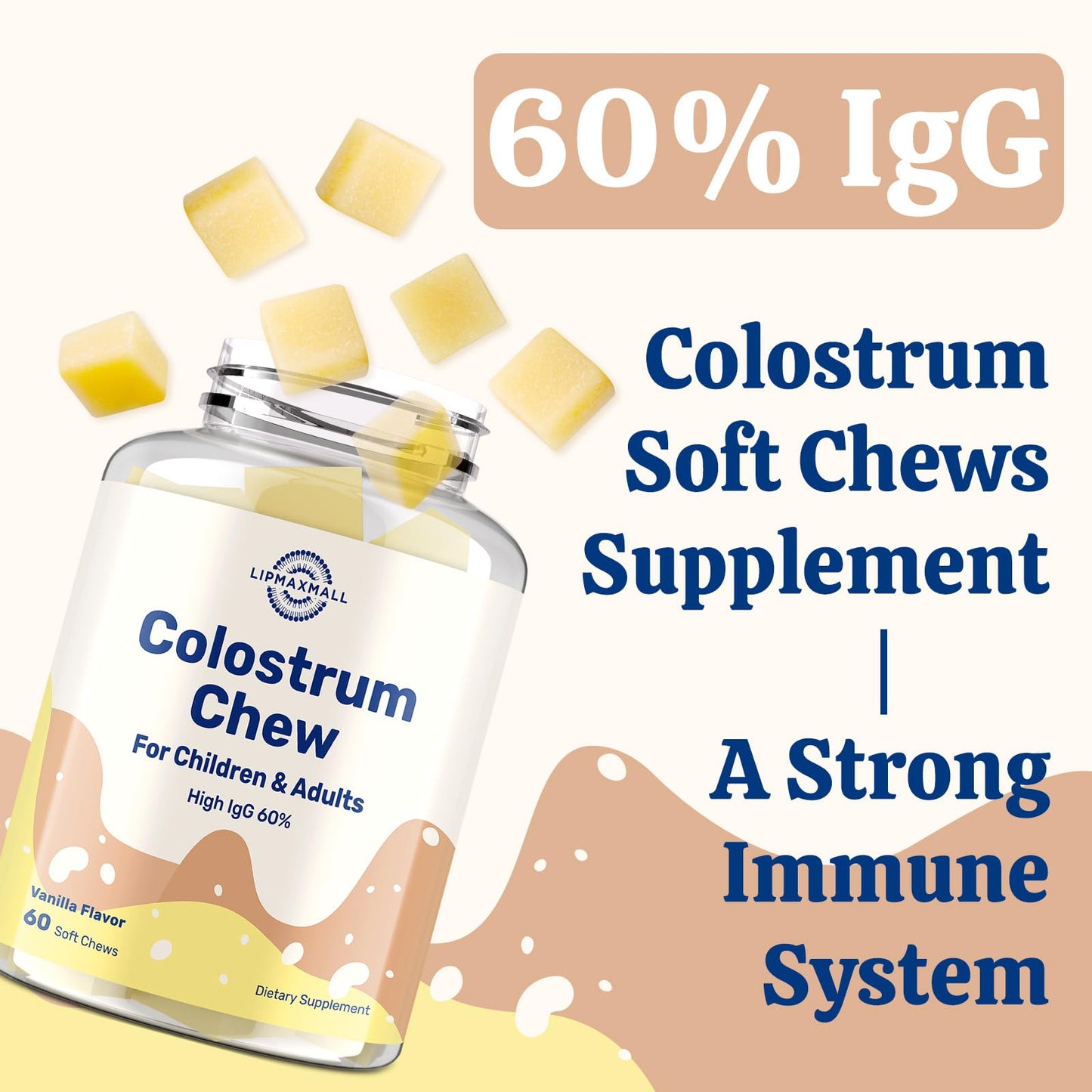 Bovine Colostrum Chews with 60% IgG – Vanilla Flavor, Grass-Fed Cows – Immune & Gut Support – 60 Soft Chews (2 Bottles)