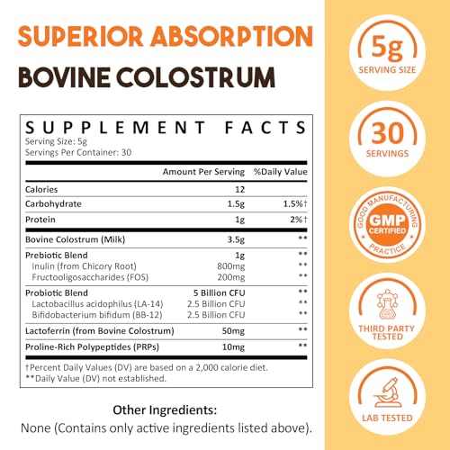 Colostrum Powder 5,000 mg – Grass-Fed Bovine with Prebiotics, Probiotics, Lactoferrin & PRP (30 Servings)