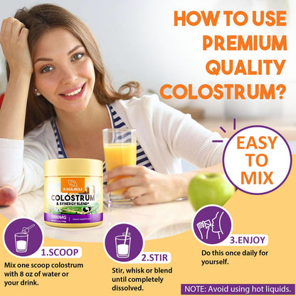 Colostrum Powder 5,000 mg – Grass-Fed Bovine with Prebiotics, Probiotics, Lactoferrin & PRP (30 Servings)