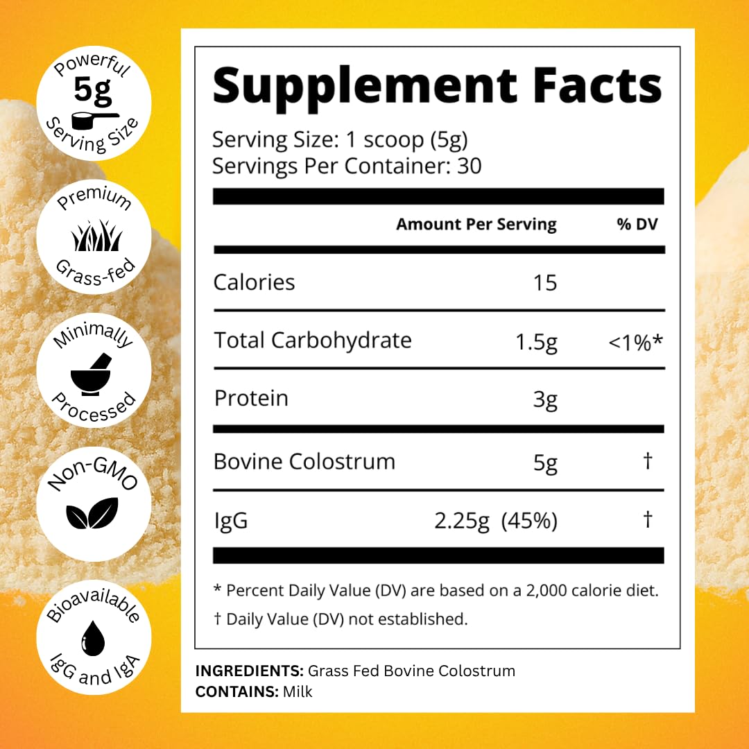 Bold Belly Colostrum Powder Supplement - Whole Cream Bovine Colostrum for Gut & Immune Support, Grass-Fed USA Cows, Cold-Processed, Natural IgG Colostrum Superfood, Unflavored - 5.3 OZ