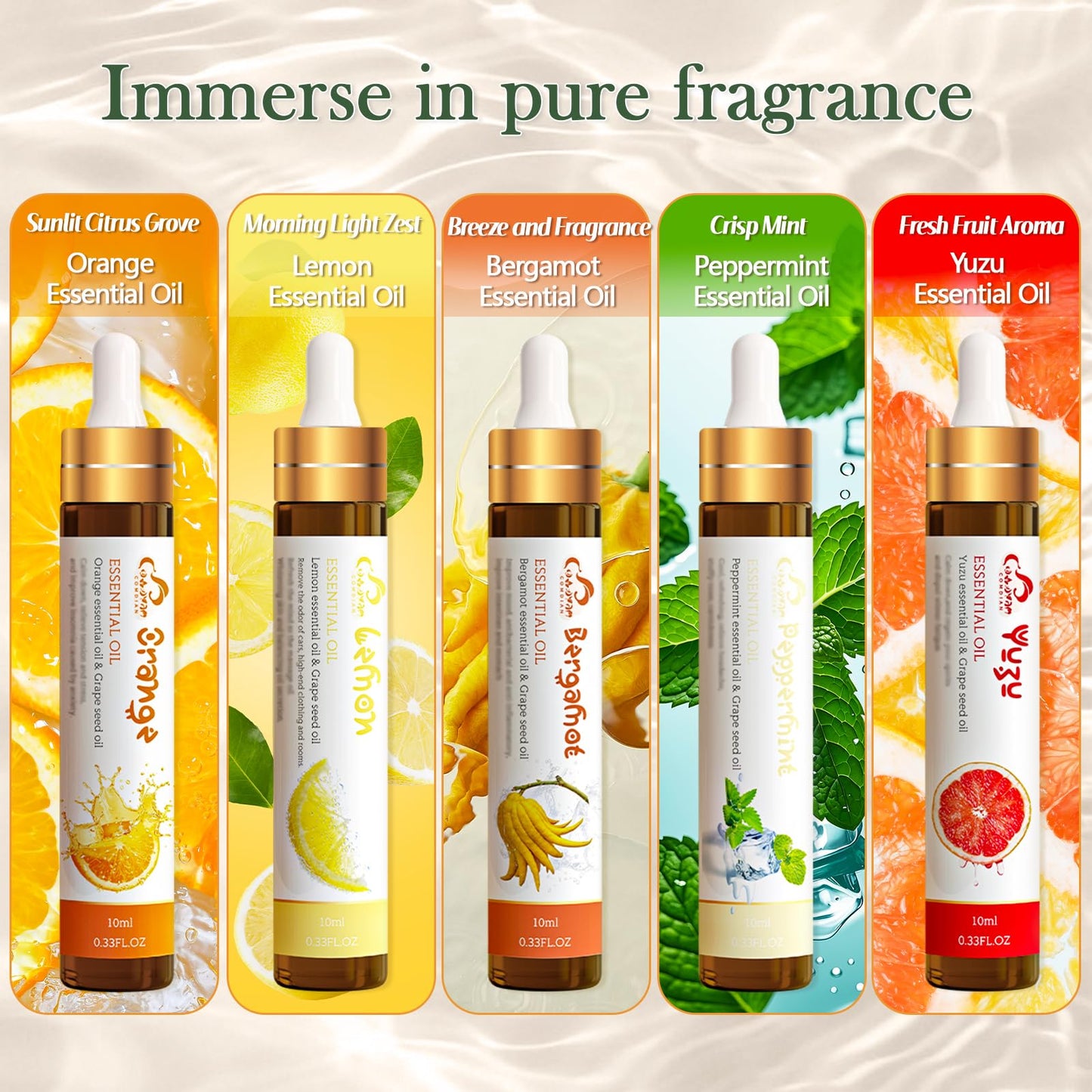 Comdian 5-Piece Citrus Essential Oils Set – Lemon, Bergamot, Orange, Peppermint, Yuzu