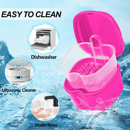2 Pack Denture Bath Case Cup - Rose Red & Black | Retainer Cleaner Holder & Travel Storage