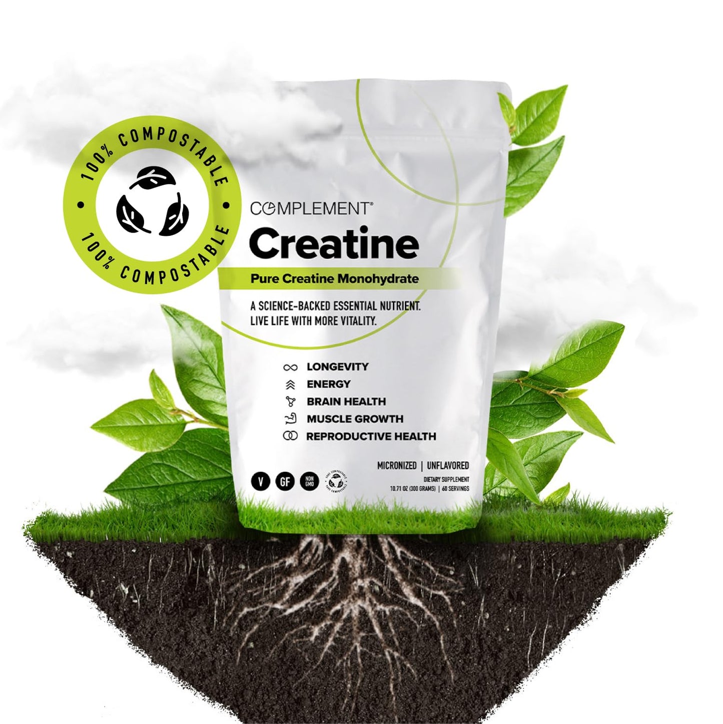Complement Creatine Monohydrate Micronized Powder – 5g, 60 Servings | Vegan, Unflavored