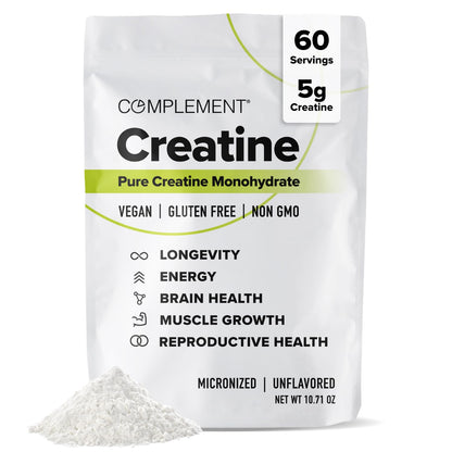 Complement Creatine Monohydrate Micronized Powder – 5g, 60 Servings | Vegan, Unflavored