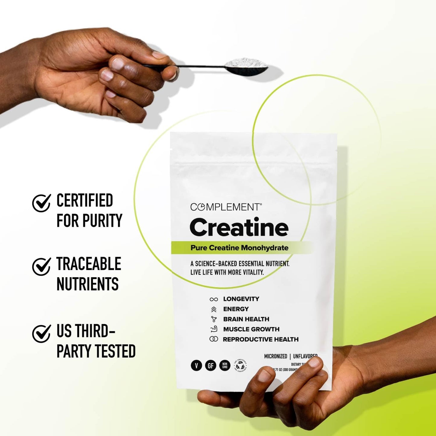 Complement Creatine Monohydrate Micronized Powder – 5g, 60 Servings | Vegan, Unflavored