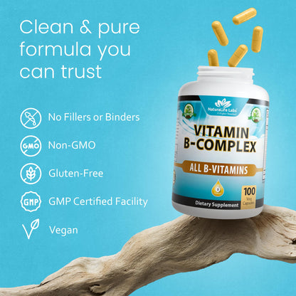 NaturaLife Labs Vitamin B-Complex with Vitamin C & Folic Acid | 100 Capsules