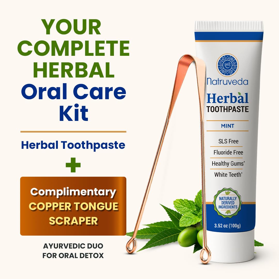 Natruveda Neem Herbal Toothpaste with Copper Tongue Scraper - Fluoride Free, Ayurvedic Oral Care