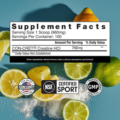 CON-CRET Creatine HCl Powder – USA Made, NSF Certified, Lemon Lime (100 Servings)