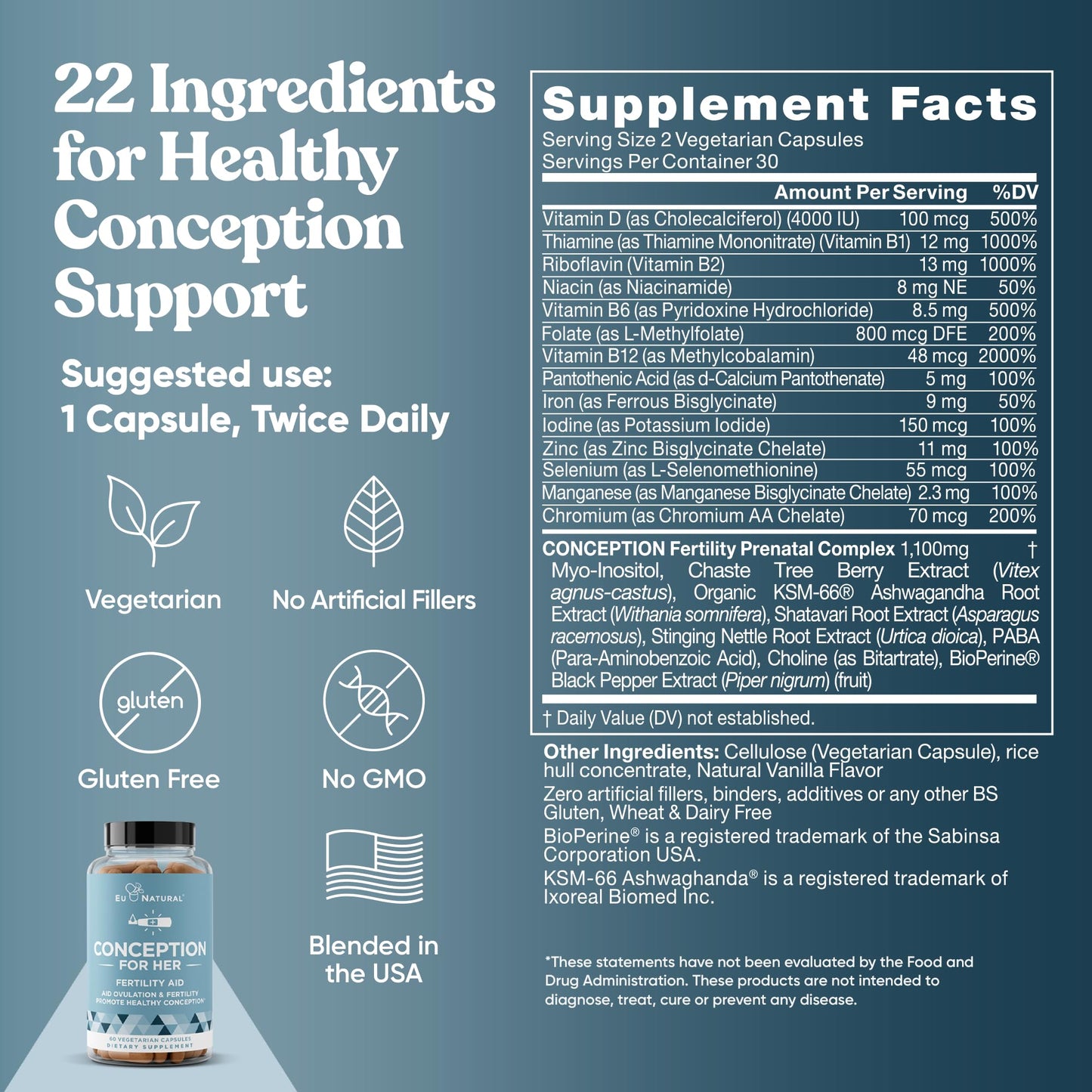 Conception Fertility Supplements for Women – Ovulation Support, Hormonal Balance, Regular Cycles – Prenatal Vitamin with Myo-Inositol, Folate, Vitex