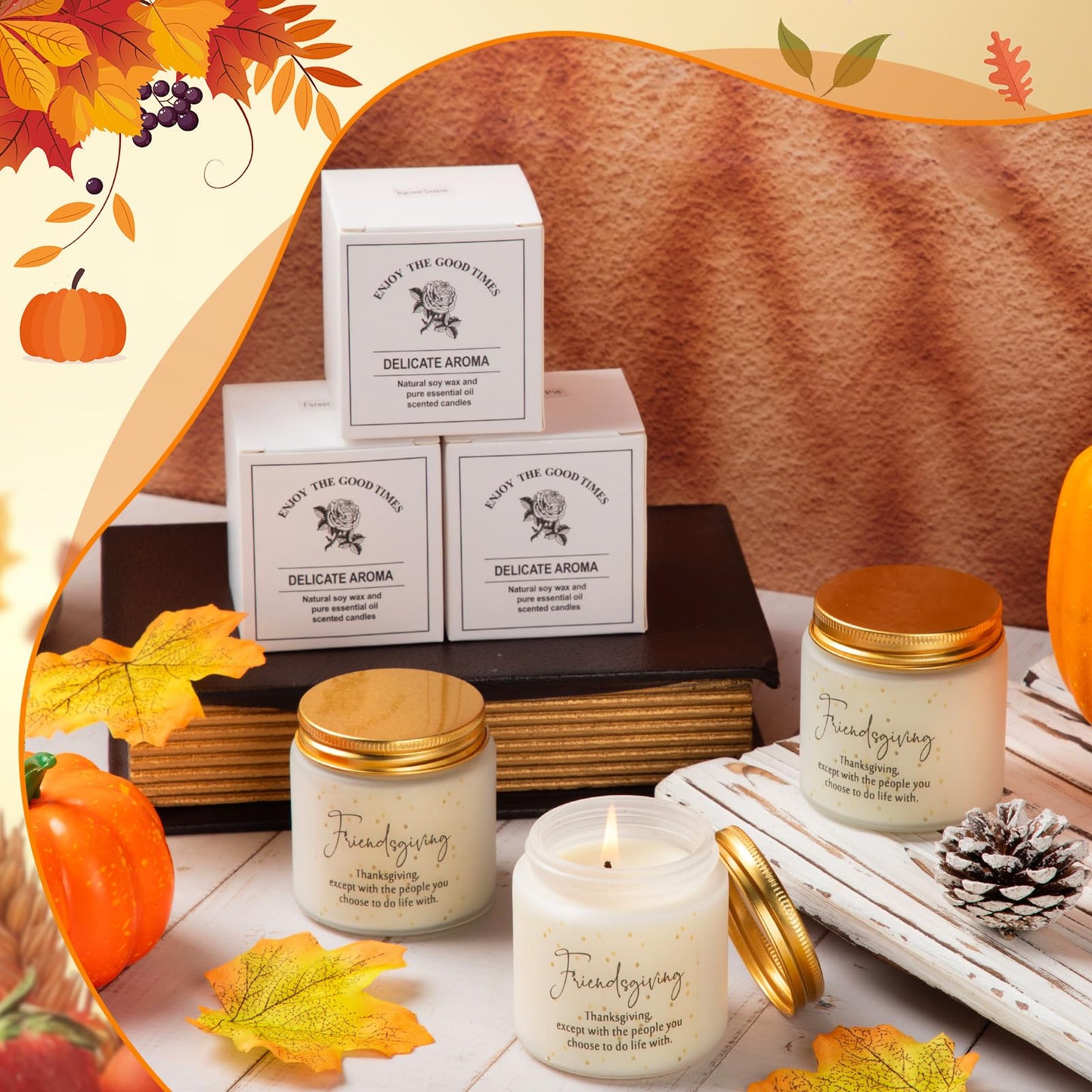 Conelist 3-Piece Thanksgiving Candles Set - 3.5 oz Soy Wax Glass Jars, Pumpkin Scented