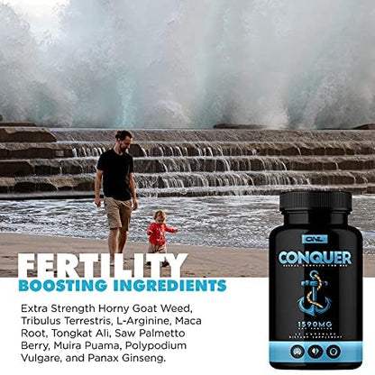 Conquer Men's Fertility Supplement - Testosterone Booster with Maca Root, Horny Goat Weed & Tribulus Terrestris - Male Fertility & Libido Support - 60 Count