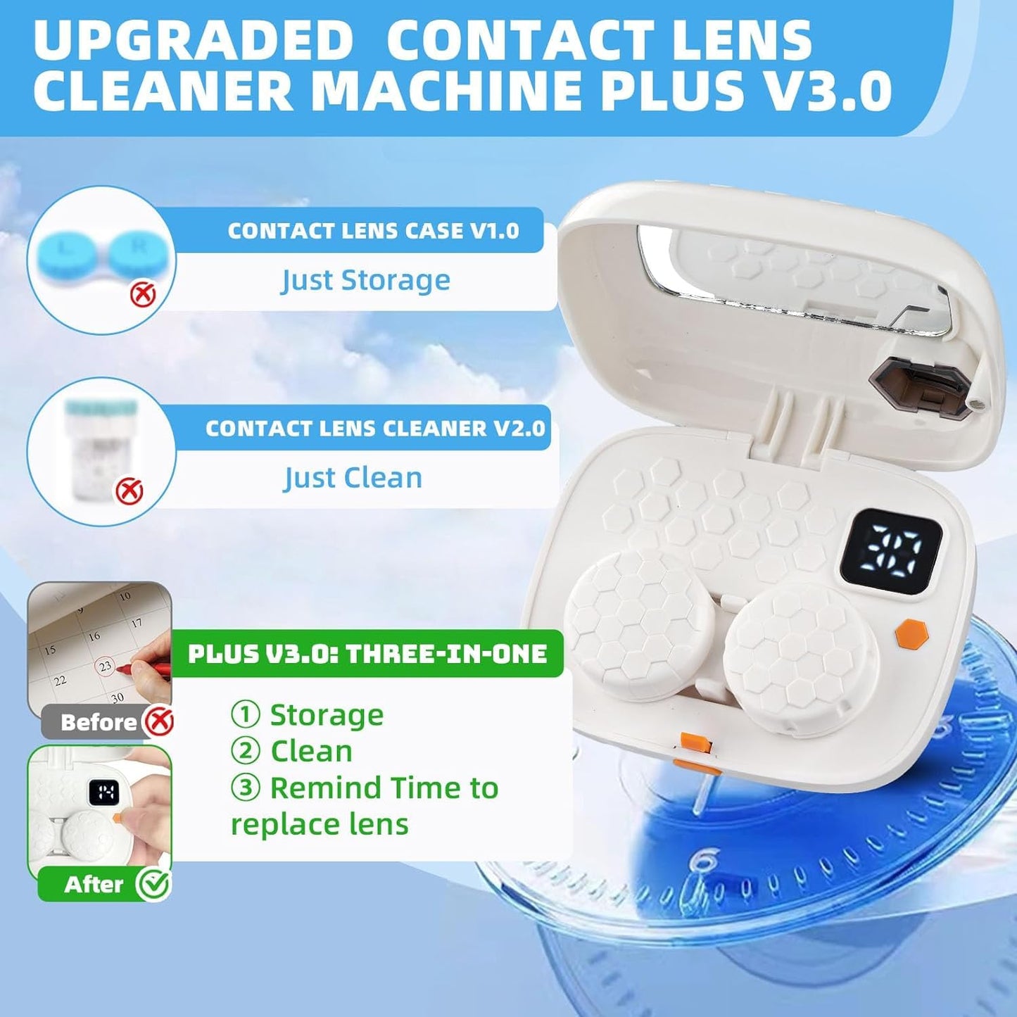 USB Ultrasonic Contact Lens Cleaner with Mirror – Soft, Colored, RGP & OK Lenses