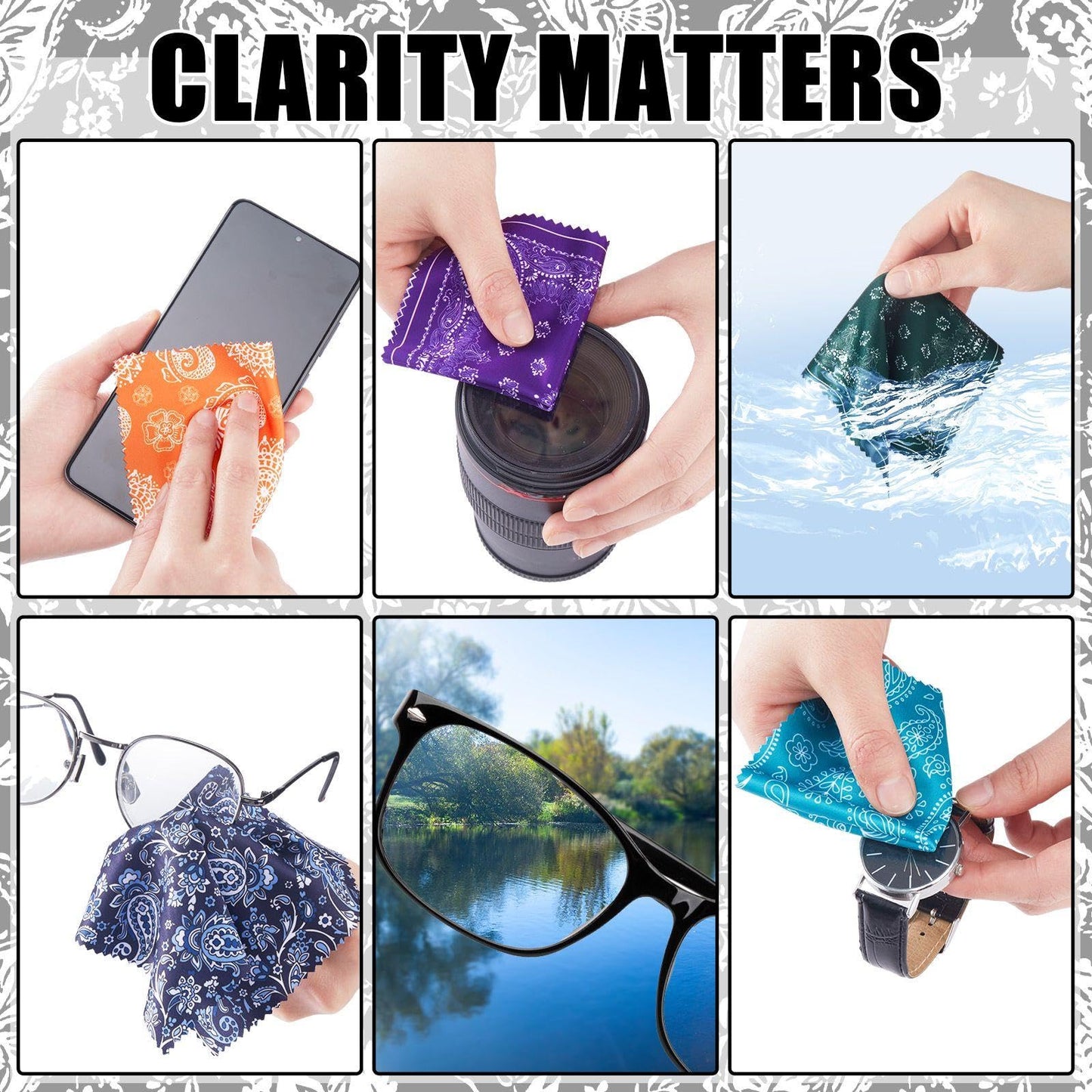 Copkim 24 Pcs Microfiber Cleaning Cloths – Paisley Elegant Flowers Design, 6x6 inch, Multicolor Lens Wipes