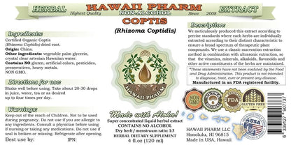 Coptis Alcohol-Free Liquid Extract | Coptis (Rhizoma Coptidis) Dried Root Glycerite Hawaii Pharm Natural Herbal Supplement 2 oz