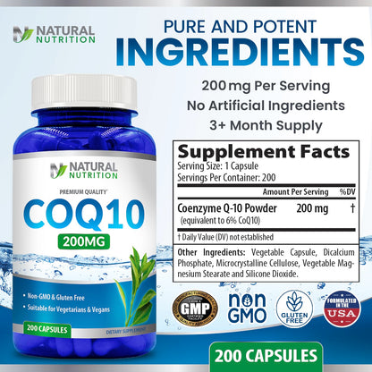 Generic Natural CoQ10 200mg – 200 Capsules, Quick Absorption | Gluten Free & Non-GMO