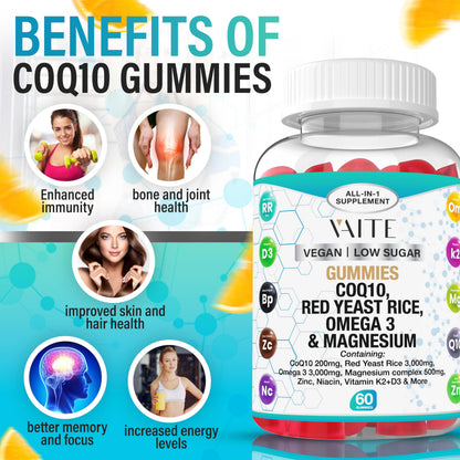 CoQ10 200mg Gummies with Red Yeast Rice & Magnesium Glycinate – Omega-3, Zinc, and Vitamin K2+D3 for Overall Health – Supplements for Adults – 60 Chewable Gummies
