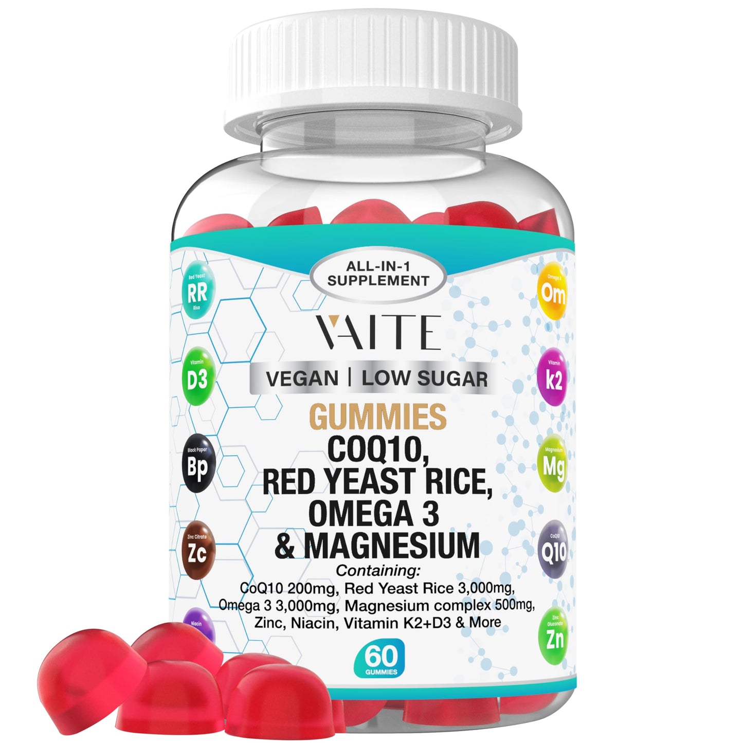 CoQ10 200mg Gummies with Red Yeast Rice & Magnesium Glycinate – Omega-3, Zinc, and Vitamin K2+D3 for Overall Health – Supplements for Adults – 60 Chewable Gummies