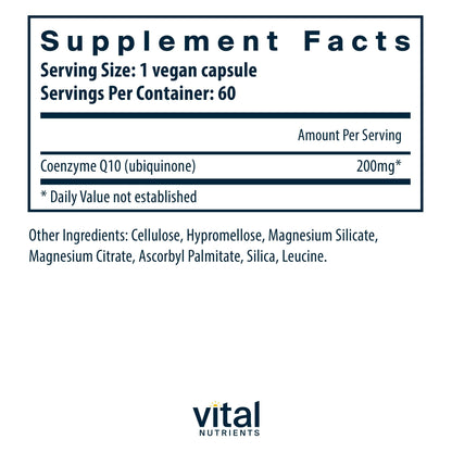 Vital Nutrients CoQ10 200mg – Vegan CoQ10 for Heart Health & Energy | Gluten, Dairy & Soy Free | 60 Capsules