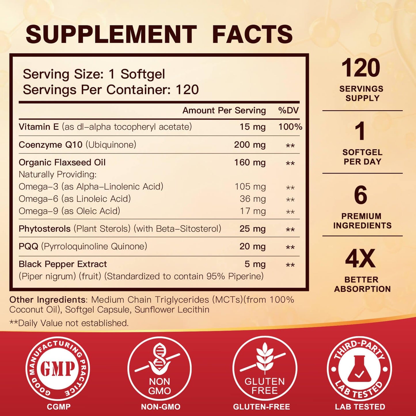 CoQ10 200mg Softgels with Vitamin E, Omega 3-6-9, PQQ | High Absorption Bioperine | Heart & Cellular Energy - 120 Servings