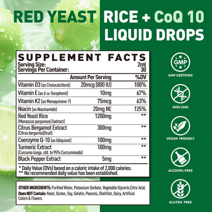Liquid Red Yeast Rice with CoQ10 Drops 1200mg - Cholesterol & Immune Support, 2 fl oz
