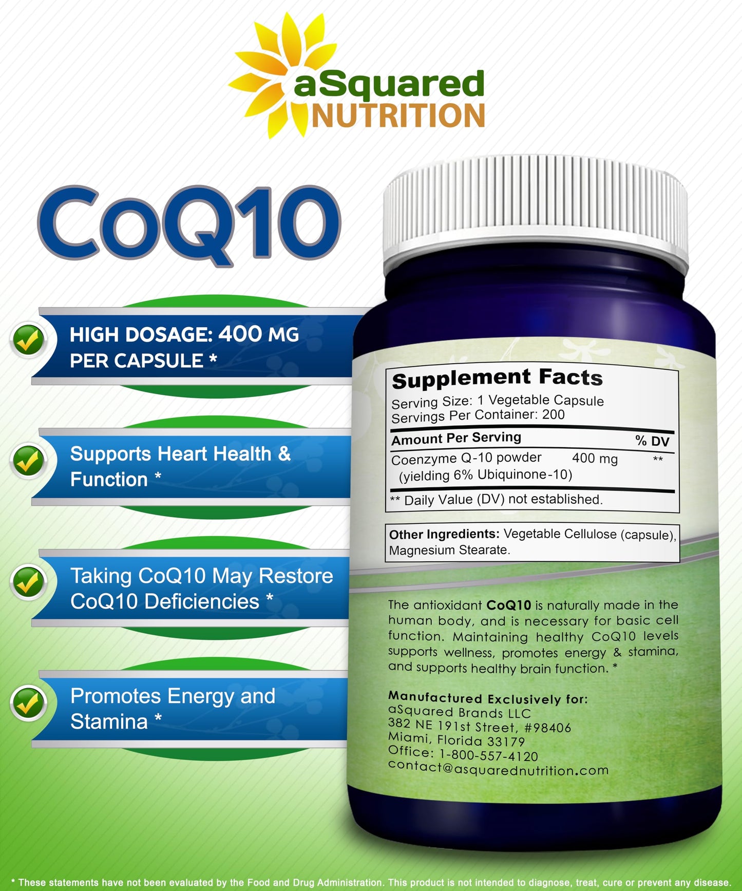aSquared Nutrition CoQ10 400mg Max Strength – 200 Vegan Capsules