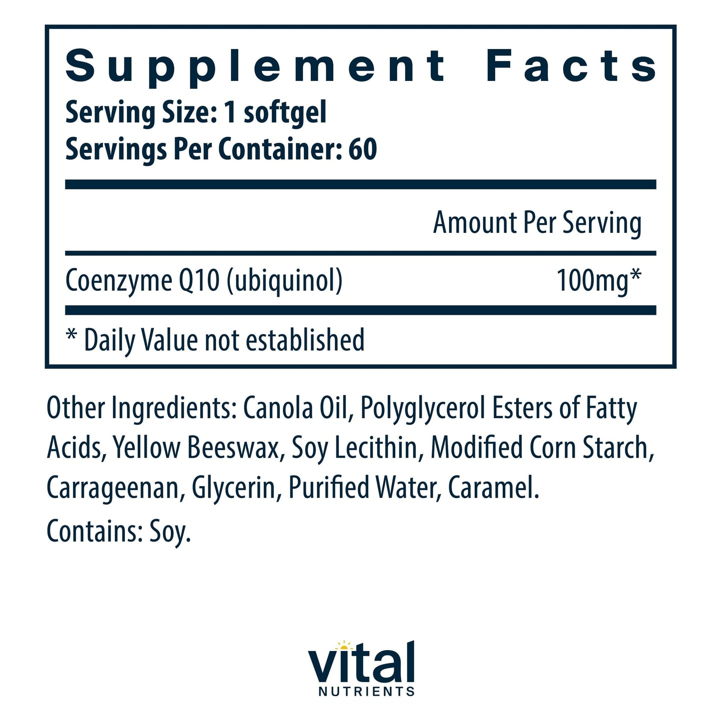 Vital Nutrients Ubiquinol CoQ10 100mg – Activated CoQ10 for Heart & Brain Health | Gluten & Dairy Free | 60 Softgels
