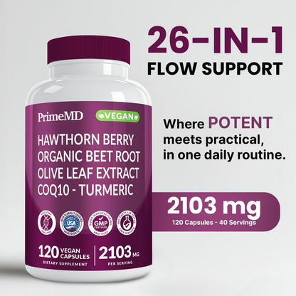 PrimeMD 26-in-1 Nitric Oxide Supplement – Heart & Circulation Support with CoQ10, Beet Root, Hawthorn & Garlic | 2103mg per Serving (120ct x 2)