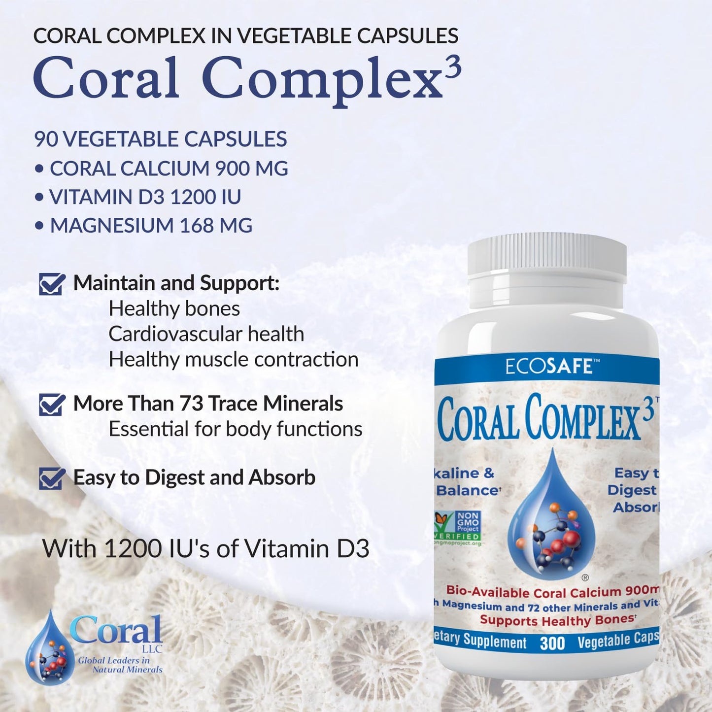 Coral Complex 3 — Coral Calcium 900 mg + Vitamin D3 1200 IU + Magnesium 168 mg | 300 Vegetarian Capsules | Coral White