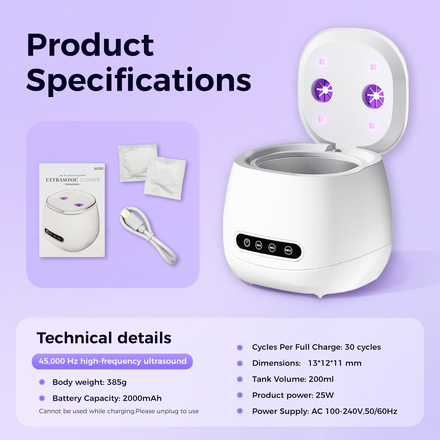 Ultrasonic Retainer Cleaner with UV Sterilizer | 45kHz Dental Cleaning Machine – Portable 200ML W190MAX (White)