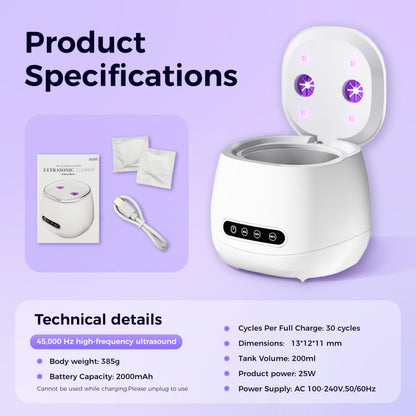 Ultrasonic Retainer Cleaner with UV Sterilizer | 45kHz Dental Cleaning Machine – Portable 200ML W190MAX (White)