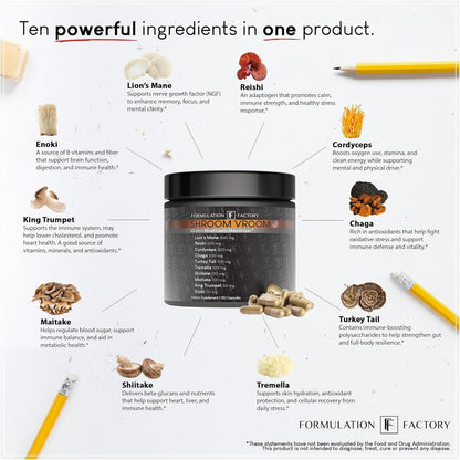 Formulation Factory Shroom Vroom 10-in-1 Mushroom Supplement — Focus, Energy & Immune Support