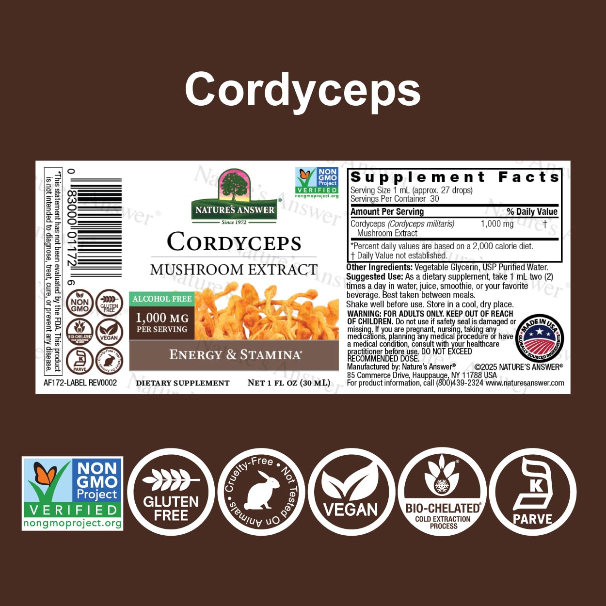 Cordyceps Mushroom Extract – Alcohol Free, 1 fl oz (30 ml) | 1,000 mg per Serving