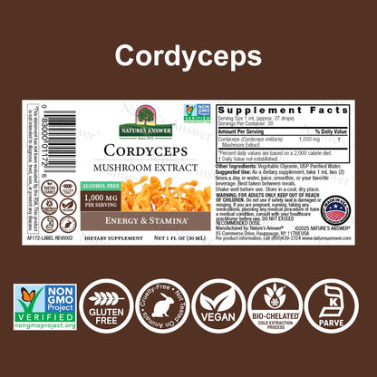 Cordyceps Mushroom Extract – Alcohol Free, 1 fl oz (30 ml) | 1,000 mg per Serving
