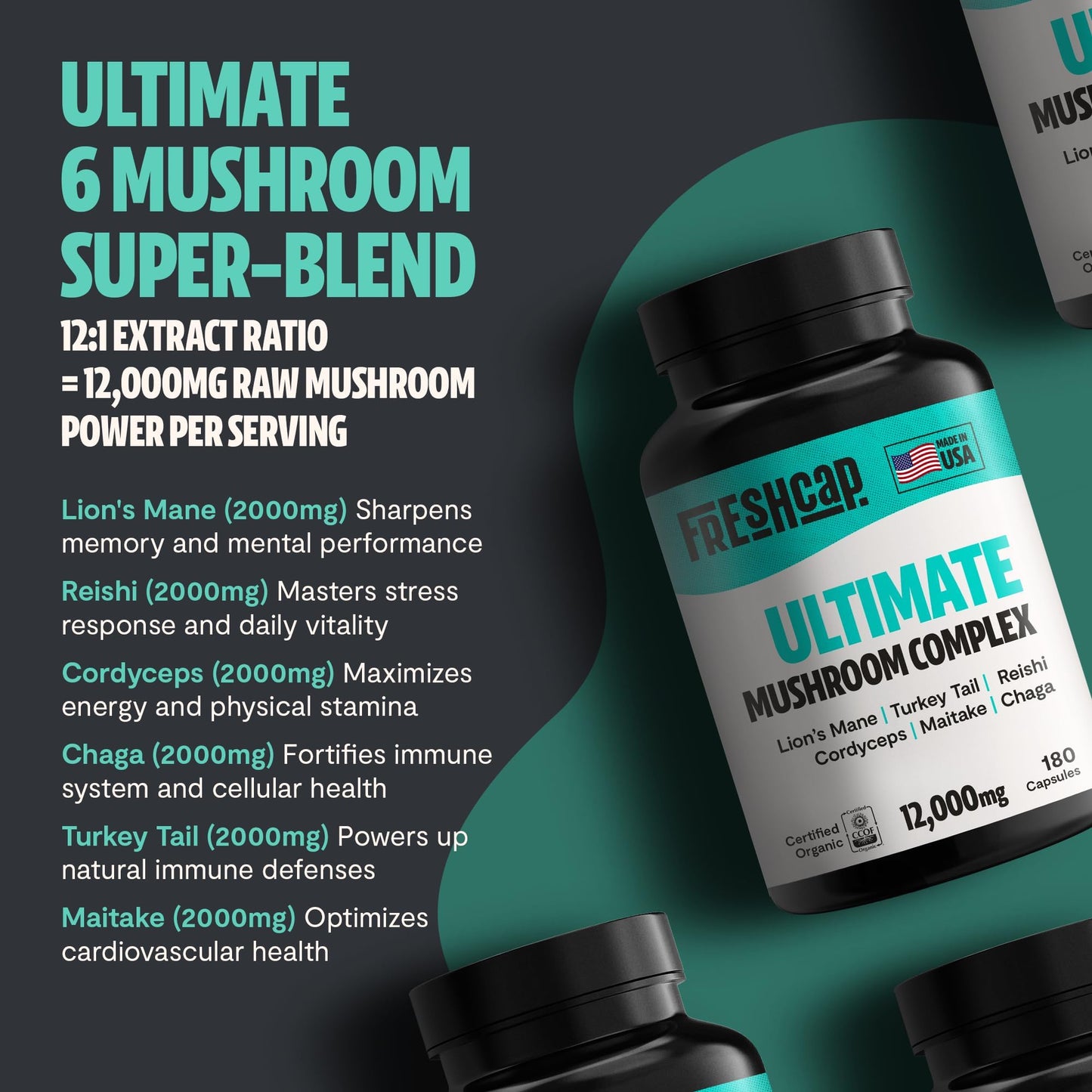 FreshCap Ultimate Mushroom Supplement 12,000mg – Organic Nootropic Complex Capsules