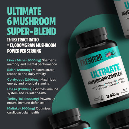 FreshCap Ultimate Mushroom Supplement 12,000mg – Organic Nootropic Complex Capsules