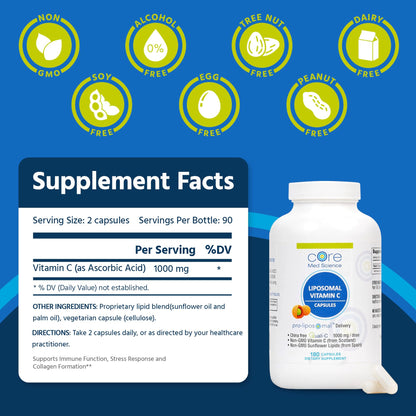 Core Med Science Liposomal Vitamin C 1000mg – 180 Capsules | Non-GMO, Made in USA