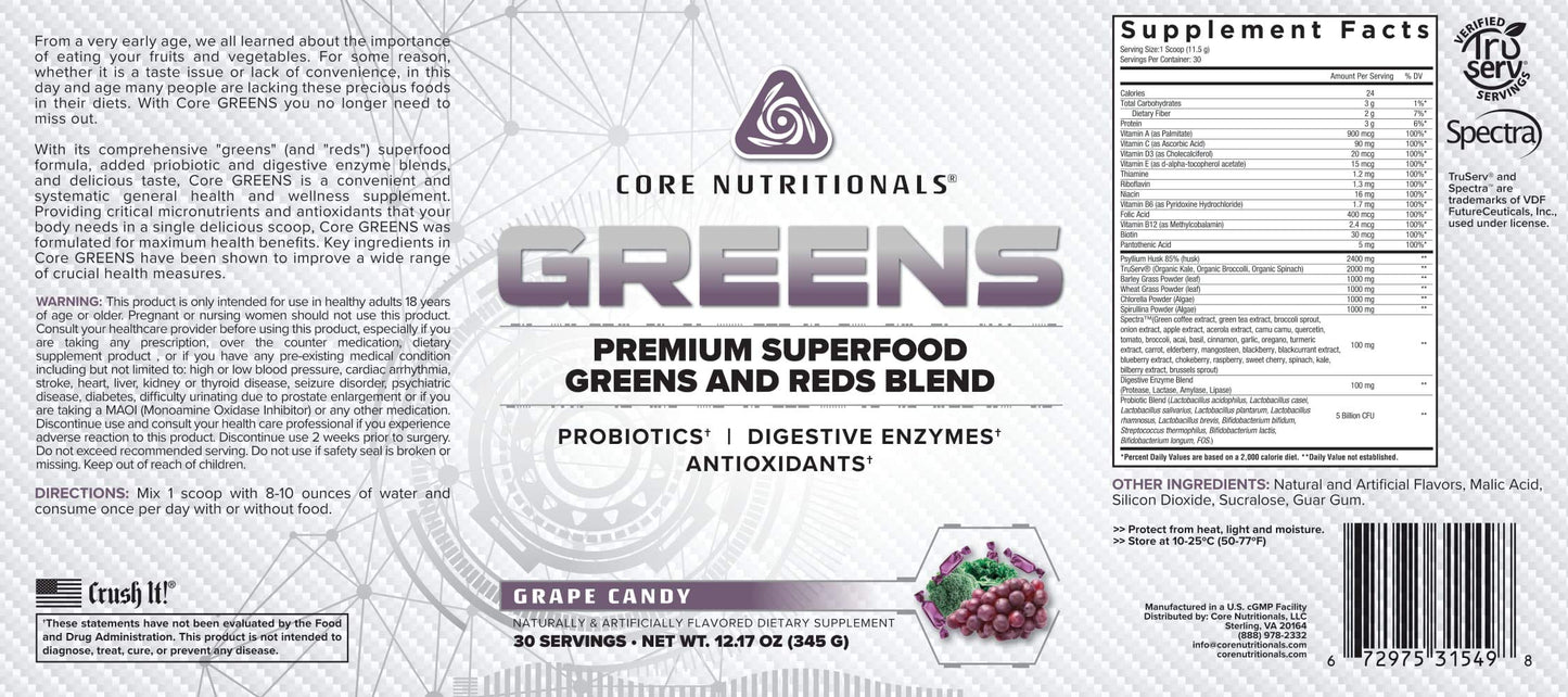 Core Nutritionals Greens – Premium Reds & Greens Superfood Blend | 30 Servings (Grape Candy)