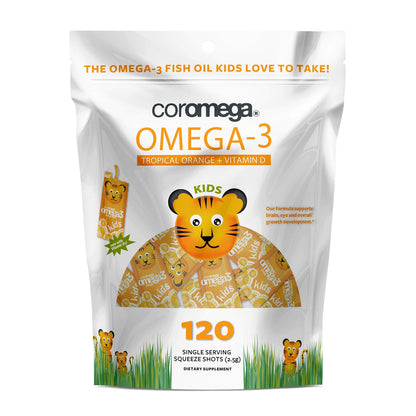 Coromega Kids Omega-3 Fish Oil 650mg – Tropical Orange + Vitamin D, 120 Squeeze Packets