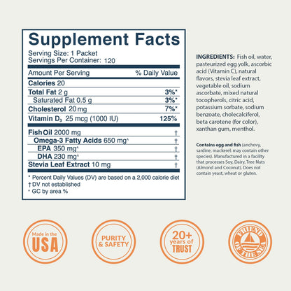 Coromega Kids Omega-3 Fish Oil 650mg – Tropical Orange + Vitamin D, 120 Squeeze Packets