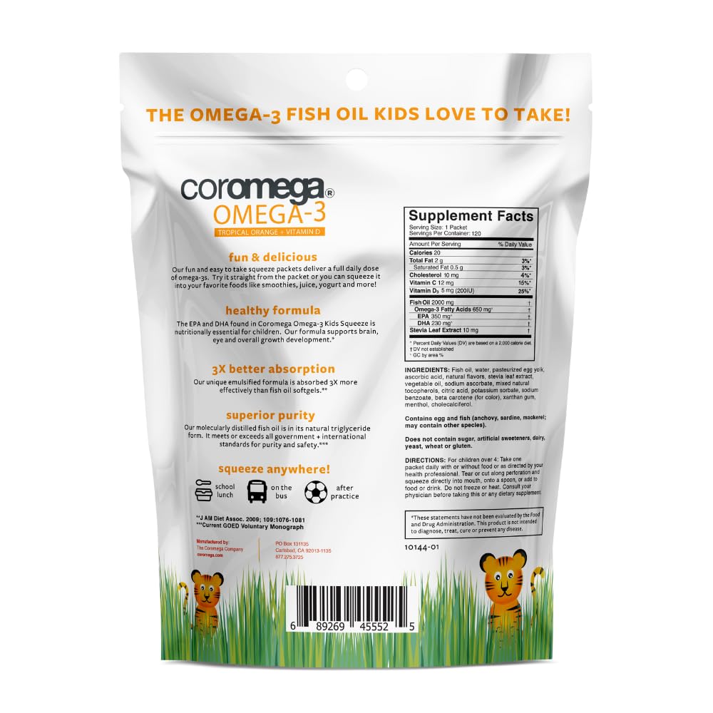 Coromega Kids Omega-3 Fish Oil 650mg – Tropical Orange + Vitamin D, 120 Squeeze Packets
