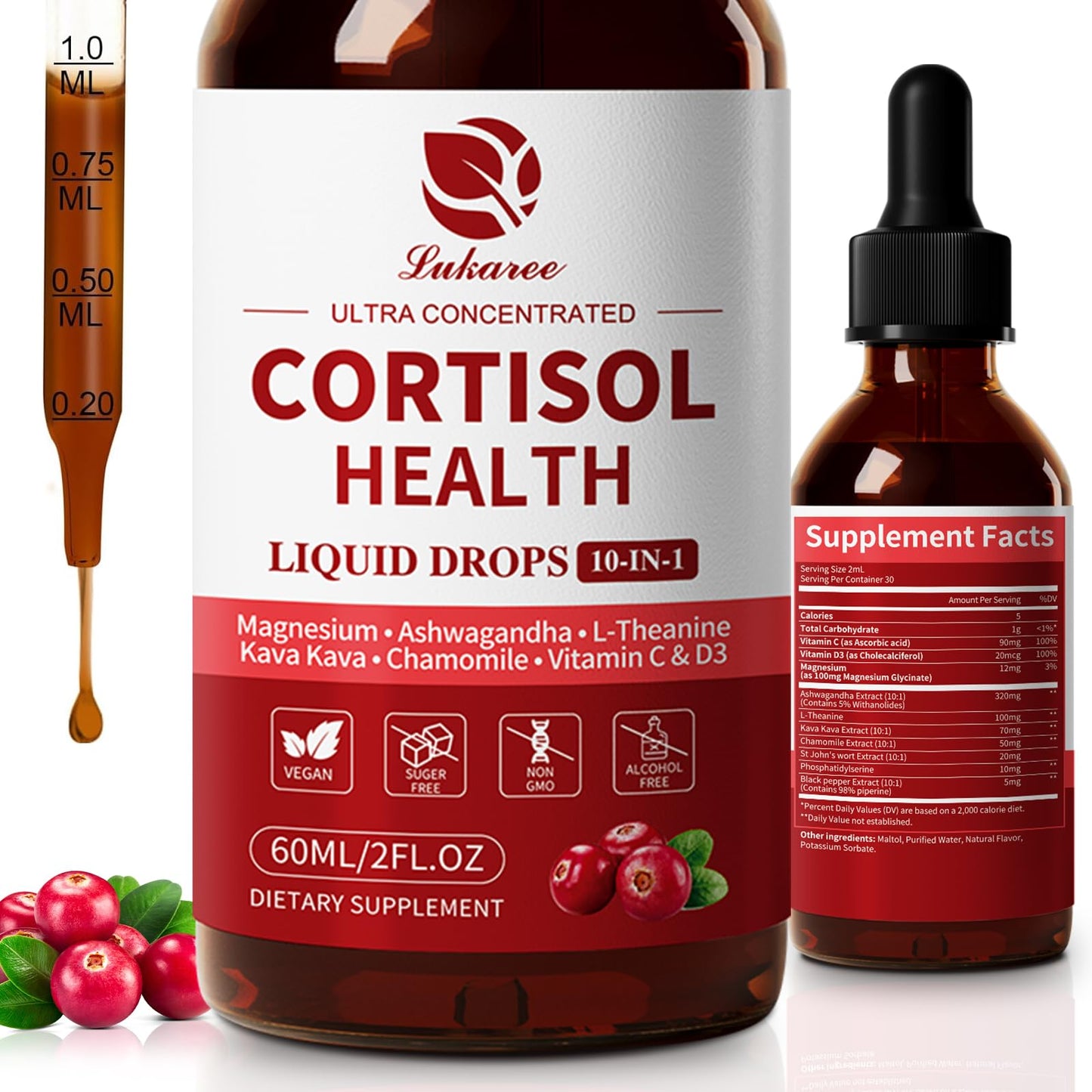 Cortisol Supplement Liquid Drops – 10-in-1 Hormone Balance for Women & Men (2 fl oz, Cranberry)