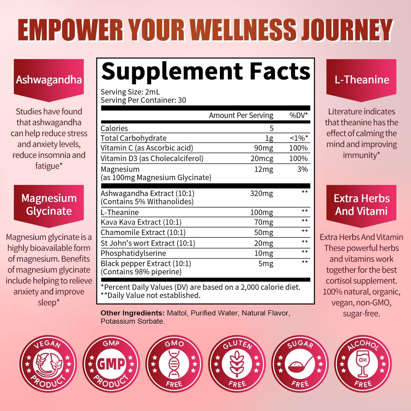 Cortisol Supplement Liquid Drops – 10-in-1 Hormone Balance for Women & Men (2 fl oz, Cranberry)