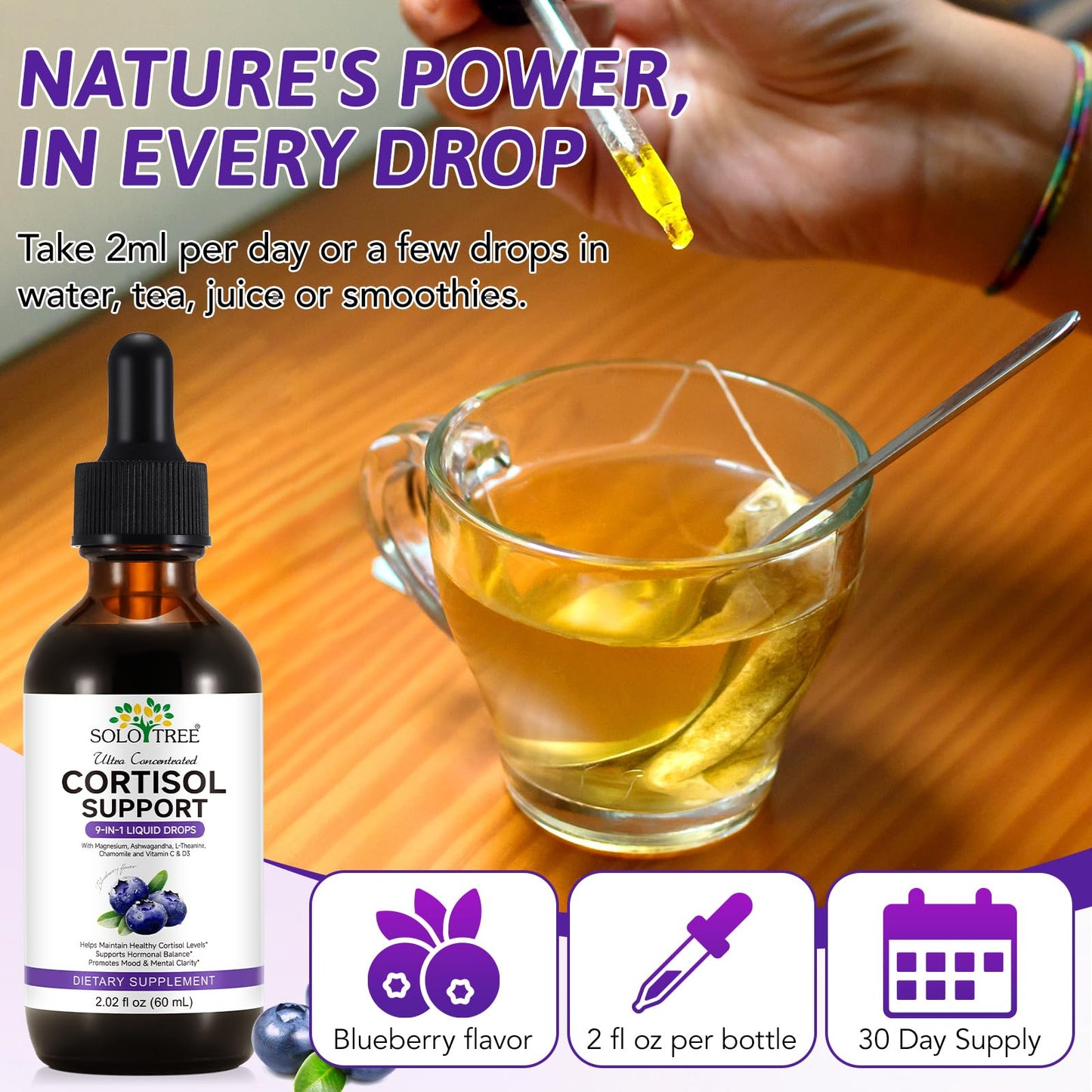 9-in-1 Cortisol Reducer Liquid Drops for Women & Men – Blueberry Flavor
